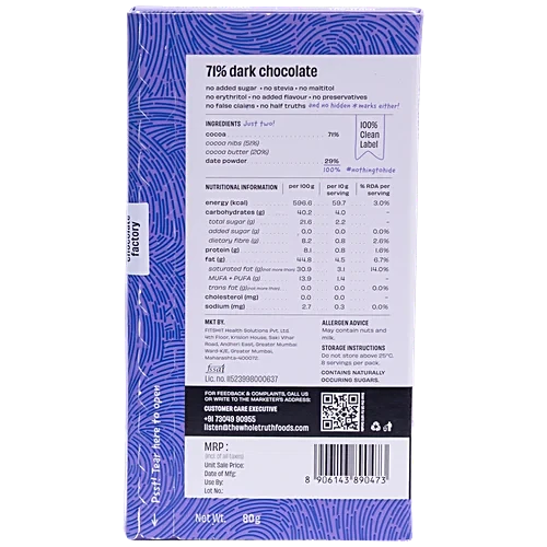 The Whole Truth 71% Dark Chocolate - No Added Sugar, 80 g - Image 2
